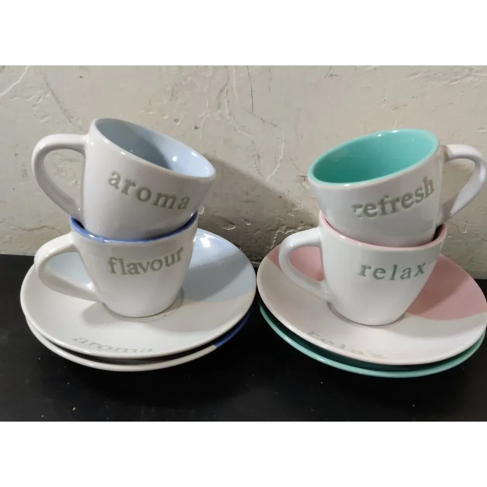Create By Just Mugs Set Of 4 Cups & Saucers Espresso Coffee /Tea Relax Refresh
